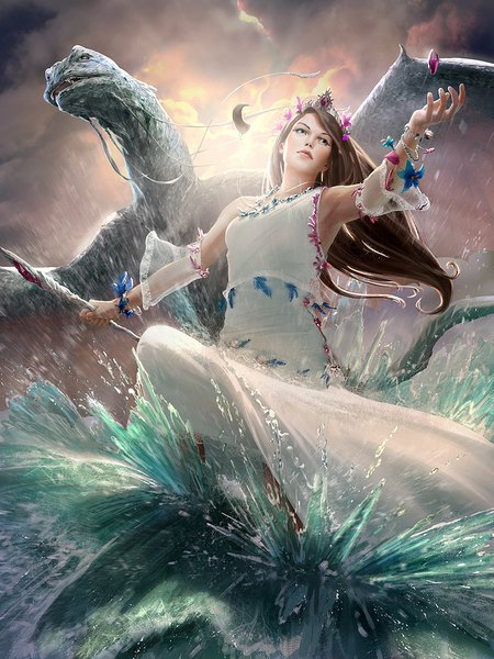 Anime picture 750x1000 with legend of the cryptids johannes voss single long hair tall image blue eyes brown hair looking away realistic girl dress water bracelet white dress jewelry staff crown tiara splashes monster