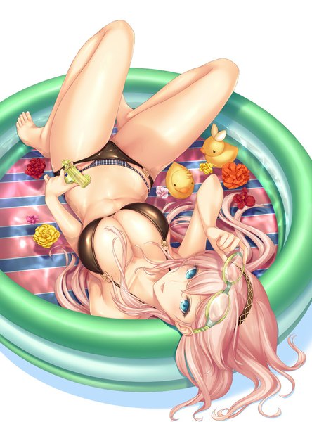 Anime picture 740x1000 with vocaloid megurine luka f-cla single long hair tall image looking at viewer fringe breasts blue eyes light erotic large breasts holding pink hair lying barefoot bare legs on back looking up goggles on head