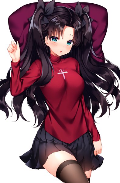 Anime picture 2698x4096 with fate (series) fate/stay night toosaka rin shouu-kun single long hair tall image looking at viewer blush fringe highres open mouth blue eyes black hair simple background white background payot lying long sleeves pleated skirt