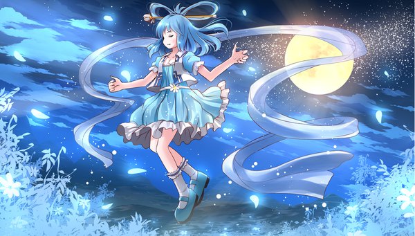Anime picture 2205x1254 with touhou kaku seiga risutaru single long hair blush fringe highres wide image blue hair cloud (clouds) full body eyes closed wind night short sleeves night sky spread arms flying hair rings