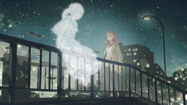 Anime picture 1280x720 with original pomodorosa single short hair open mouth blonde hair wide image standing sitting sky outdoors wind surprised street girl building (buildings) star (stars) necklace paper soul