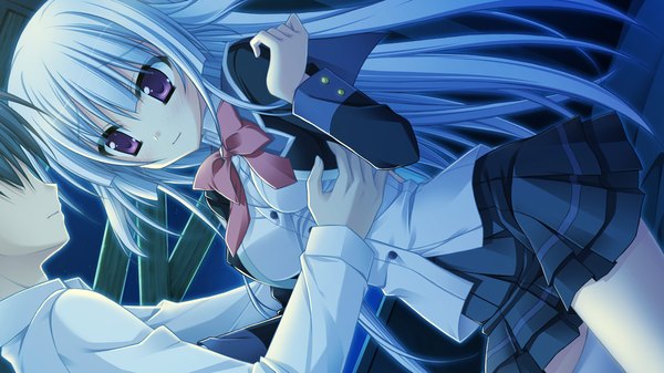 Anime picture 1280x720 with hatsuyuki sakura tamaki sakura moribe (rabumanyo) long hair wide image purple eyes game cg white hair girl boy skirt uniform school uniform miniskirt shirt bowtie