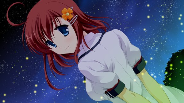 Anime picture 2048x1152 with namima no kuni no faust highres short hair blue eyes wide image game cg red hair looking back night girl hair ornament hairclip school