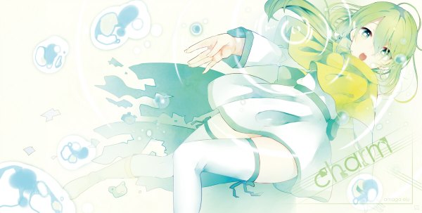 Anime picture 1200x606 with utau amaga elu (character) itamidome single long hair looking at viewer open mouth wide image green eyes green hair inscription girl thighhighs water bubble (bubbles)