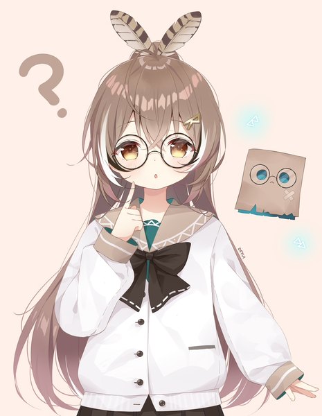 Anime picture 969x1250 with virtual youtuber hololive hololive english nanashi mumei friend (nanashi mumei) deyui single long hair tall image looking at viewer brown hair brown eyes upper body :o pink background ? girl glasses feather (feathers)