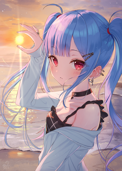Anime picture 1036x1450 with original tsukiman single long hair tall image looking at viewer blush fringe breasts red eyes standing twintails payot blue hair sky cleavage cloud (clouds) upper body outdoors blunt bangs