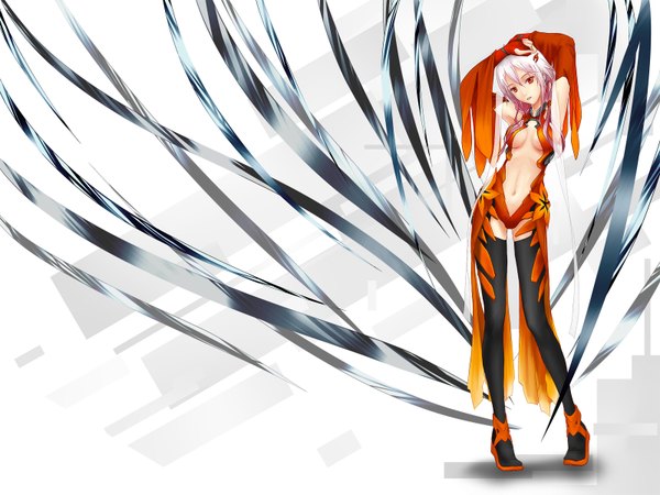 Anime picture 1600x1200 with guilty crown production i.g yuzuriha inori po yu (artist) single long hair breasts light erotic red eyes pink hair arms up center opening girl thighhighs navel hair ornament black thighhighs detached sleeves hairclip fingerless gloves