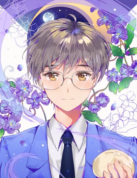Anime picture 800x1040 with card captor sakura clamp tsukishiro yukito dangmill single tall image looking at viewer fringe short hair hair between eyes brown hair brown eyes signed symbol-shaped pupils portrait floral background boy uniform flower (flowers) school uniform
