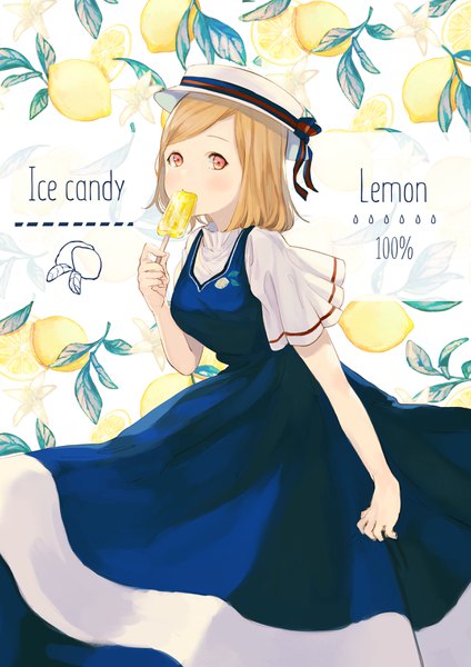 Anime picture 2480x3508 with original ikoan single tall image looking at viewer blush highres short hair blonde hair standing holding wide sleeves orange eyes text eating english food print lemon print girl dress