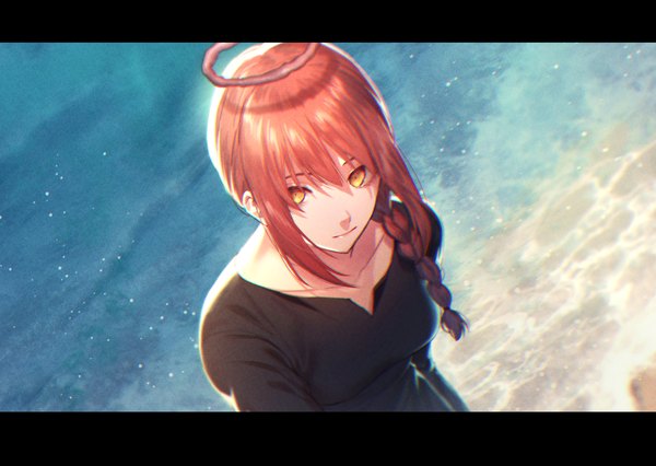 Anime picture 1500x1064 with chainsaw man mappa makima (chainsaw man) risutora desu single long hair looking at viewer fringe hair between eyes yellow eyes payot upper body outdoors red hair braid (braids) long sleeves from above light smile beach single braid