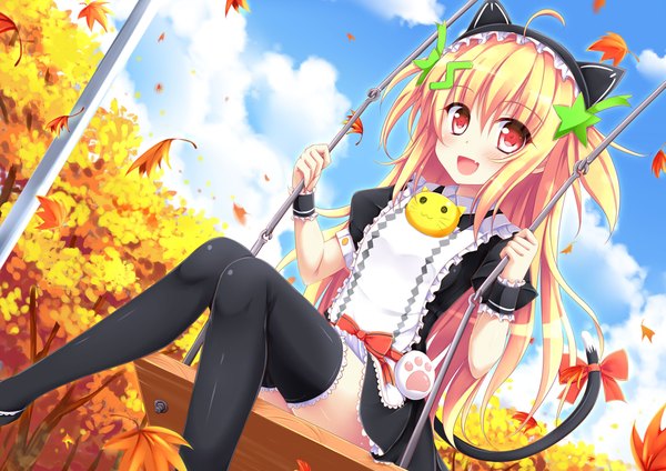 Anime picture 1697x1200 with original angel koman single long hair looking at viewer blush fringe blonde hair hair between eyes red eyes sitting holding animal ears sky cloud (clouds) outdoors tail animal tail cat ears short sleeves