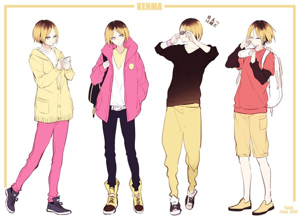 Anime picture 1480x1079 with haikyuu!! production i.g kozume kenma yasai (getsu) short hair simple background blonde hair brown hair standing white background yellow eyes eyes closed profile multicolored hair open clothes open jacket two-tone hair hand in pocket multiple persona fashion