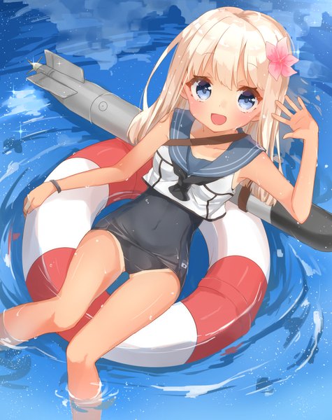 Anime picture 1398x1766 with kantai collection ro-500 submarine jimmy madomagi single long hair tall image looking at viewer fringe open mouth blue eyes blonde hair sitting bent knee (knees) hair flower from above wet partially submerged happy wet clothes tan