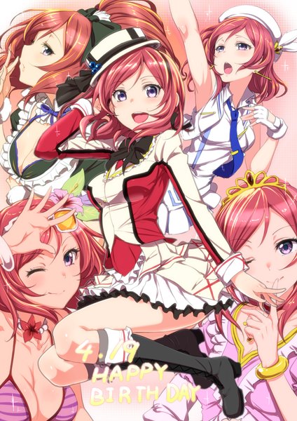 Anime picture 867x1227 with love live! school idol project sunrise (studio) love live! nishikino maki clearite long hair tall image blush open mouth smile ponytail red hair pleated skirt pink eyes one eye closed hair flower wink armpit (armpits) maid finger to mouth