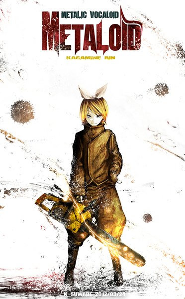 Anime picture 620x1000 with vocaloid meltdown (vocaloid) kagamine rin kei-suwabe single tall image fringe short hair blonde hair smile holding aqua eyes light smile inscription alternate costume hand in pocket glow girl hairband chainsaw