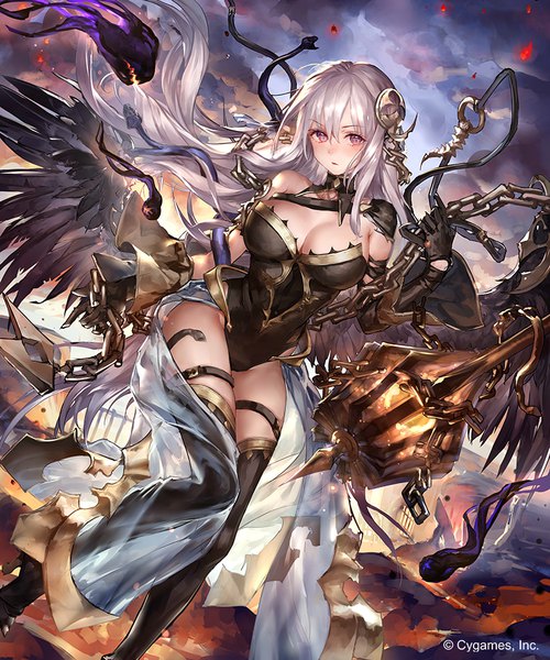 Anime picture 800x960 with shingeki no bahamut liiko single tall image looking at viewer blush fringe breasts light erotic hair between eyes large breasts purple eyes holding sky cleavage silver hair cloud (clouds) bent knee (knees) very long hair wind