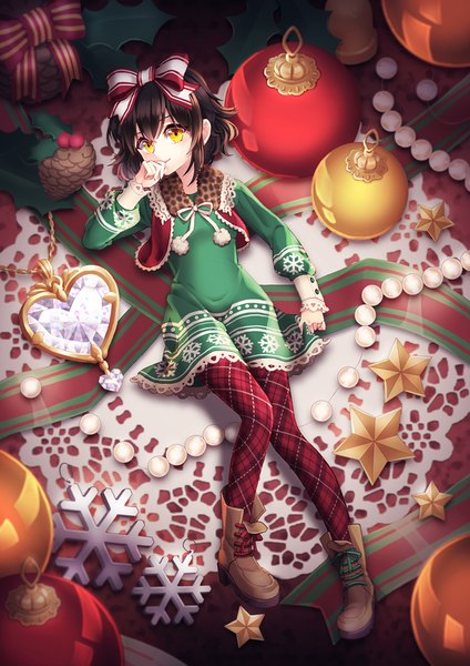 Anime picture 740x1047 with original saban single tall image looking at viewer short hair black hair yellow eyes full body plaid rhombus snowflake print girl dress bow hair bow pantyhose boots star (symbol) beads