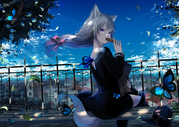 Anime picture 2549x1811 with original mikisai single long hair looking at viewer blush fringe highres hair between eyes sitting purple eyes holding animal ears sky silver hair cloud (clouds) outdoors tail animal tail looking back