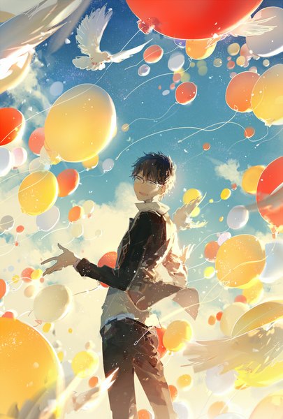 Anime picture 675x1000 with nico nico singer shoose rella single tall image short hair black hair sky cloud (clouds) eyes closed happy happy birthday boy animal glasses jacket bird (birds) pants balloon pigeon