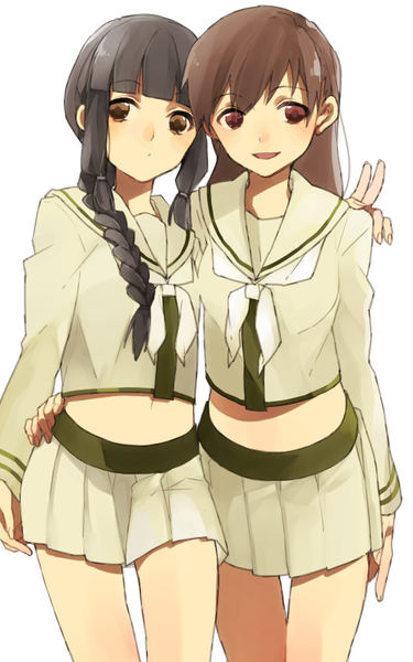 Anime picture 500x800 with kantai collection kitakami light cruiser ooi light cruiser hita (hitapita) long hair tall image blush fringe open mouth black hair simple background smile red eyes brown hair white background multiple girls brown eyes braid (braids) :d bare belly