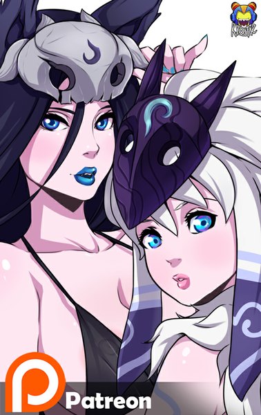 Anime picture 567x900 with league of legends kindred (league of legends) lamb (league of legends) kyoffie12 long hair tall image looking at viewer blue eyes light erotic black hair simple background white background multiple girls animal ears upper body white hair lips lipstick eyebrows wolf ears