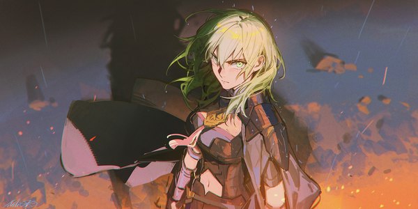 Anime picture 2000x1000 with fire emblem fire emblem: three houses nintendo byleth (fire emblem) byleth (female) (fire emblem) enlightened byleth (female) alzi xiaomi single looking at viewer fringe highres short hair breasts hair between eyes wide image standing green eyes signed upper body green hair