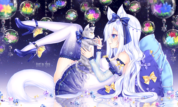 Anime picture 1500x900 with original miyuki (natsumii chan) nami (nyaa) single long hair blush fringe breasts open mouth simple background smile hair between eyes wide image holding signed animal ears payot looking away full body tail