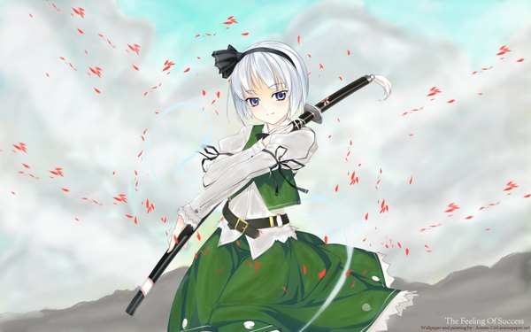 Anime picture 1920x1200 with touhou konpaku youmu myon rokuwata tomoe looking at viewer highres blue eyes wide image white hair long sleeves light smile wind third-party edit girl dress skirt weapon petals sword belt