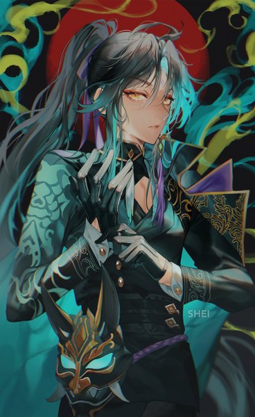Anime picture 1534x2500 with genshin impact xiao (genshin impact) shei99 single long hair tall image black hair signed yellow eyes upper body ponytail eyeshadow forehead mark adjusting gloves boy gloves black gloves mask demon mask