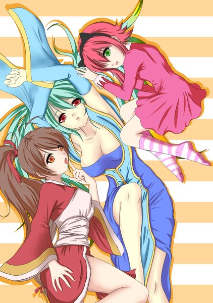 Anime picture 1093x1553 with league of legends sona buvelle akali (league of legends) annie (league of legends) navui long hair tall image looking at viewer short hair open mouth light erotic red eyes brown hair multiple girls brown eyes green eyes pink hair ponytail aqua hair legs