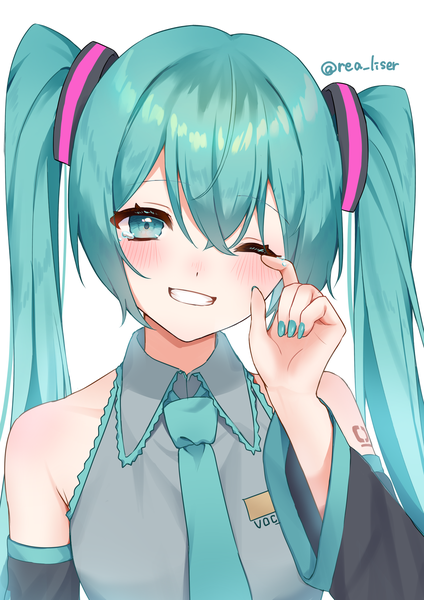 Anime picture 2000x2829 with vocaloid hatsune miku rea liser single long hair tall image looking at viewer blush fringe highres simple background smile hair between eyes white background twintails signed upper body nail polish one eye closed aqua eyes