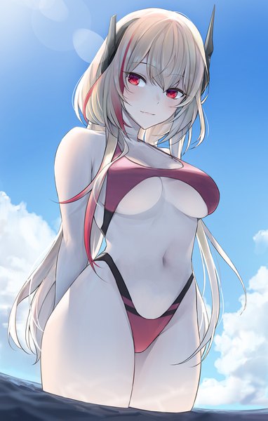 Anime picture 989x1551 with girls frontline m4 sopmod ii (girls frontline) hyury single long hair tall image looking at viewer blush fringe breasts light erotic blonde hair hair between eyes red eyes large breasts standing bare shoulders payot sky cleavage