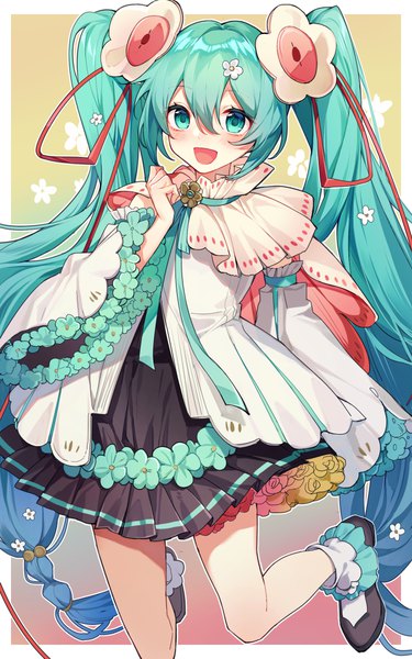 Anime picture 1500x2400 with vocaloid magical mirai (vocaloid) hatsune miku magical mirai miku magical mirai miku (2021) yunweishukuang single tall image fringe open mouth hair between eyes twintails looking away very long hair :d aqua eyes aqua hair border jumping girl