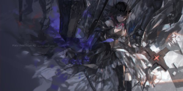 Anime picture 1701x850 with original pixiv fantasia pixiv fantasia revenge of the darkness paradise (character) swd3e2 single long hair fringe highres black hair hair between eyes wide image sitting signed payot looking away cleavage from above sunlight arm support