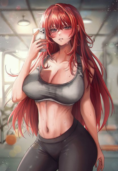 Anime picture 2290x3310 with original nompang single long hair tall image looking at viewer blush fringe highres breasts light erotic hair between eyes large breasts bare shoulders holding cleavage red hair indoors parted lips arm up