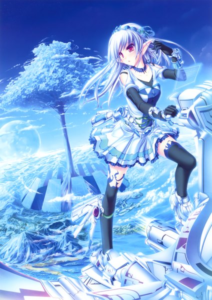 Anime picture 3250x4598 with original tenmaso single long hair tall image blush highres red eyes absurdres cloud (clouds) white hair pointy ears girl thighhighs dress gloves black thighhighs plant (plants) tree (trees) elbow gloves