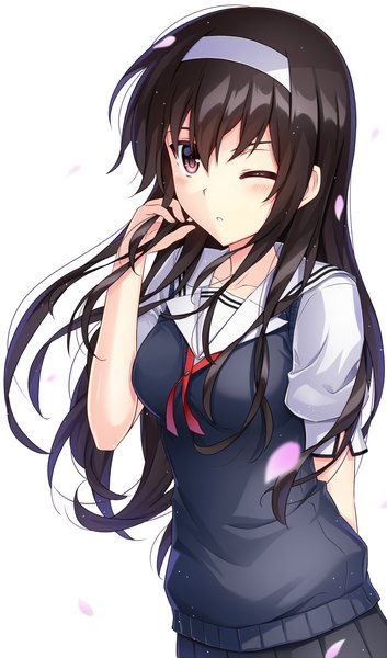 Anime picture 1000x1695 with saenai heroine no sodatekata a-1 pictures kasumigaoka utaha seirei911 single long hair tall image blush black hair simple background white background purple eyes looking away upper body one eye closed wind girl uniform petals serafuku