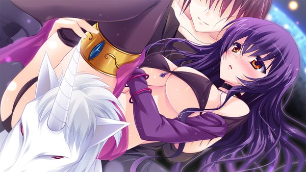 Anime picture 1280x720 with master re:master (game) long hair blush breasts light erotic red eyes wide image game cg purple hair girl thighhighs black thighhighs horse unicorn