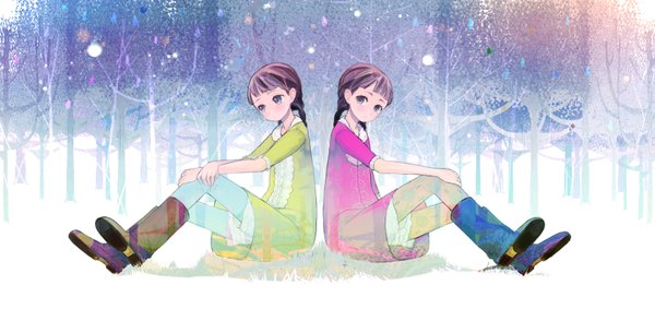 Anime picture 1800x850 with original felt (lidsan) blush highres smile brown hair wide image multiple girls braid (braids) twin braids winter back to back girl 2 girls plant (plants) tree (trees) shoes forest crystal