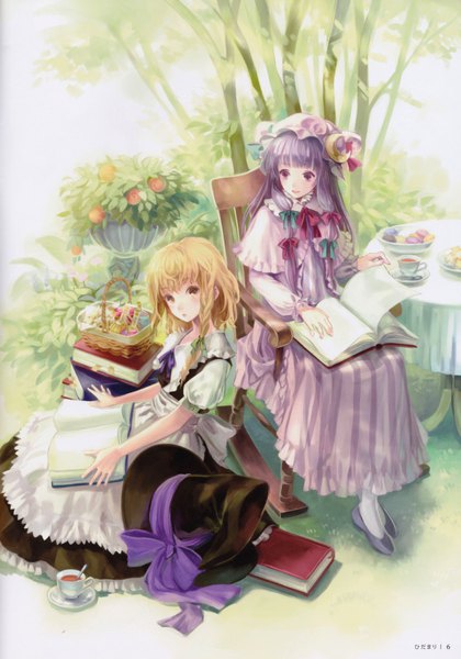 Anime picture 4863x6940 with touhou kirisame marisa patchouli knowledge siro long hair tall image looking at viewer highres short hair open mouth blonde hair sitting purple eyes multiple girls yellow eyes absurdres purple hair braid (braids) long sleeves scan