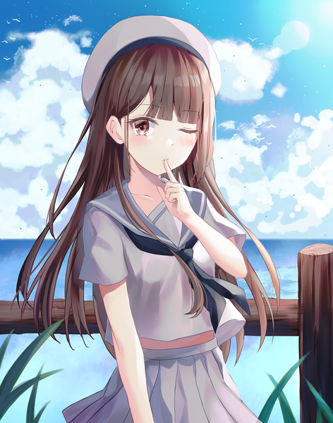 Anime picture 1000x1270 with original kimi (jxrm5387) single long hair tall image looking at viewer blush fringe brown hair standing brown eyes payot sky cloud (clouds) outdoors blunt bangs pleated skirt one eye closed wink shadow