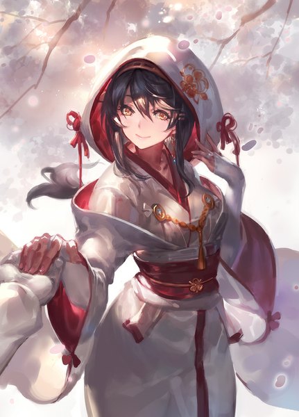 Anime-Bild 717x998 mit kantai collection haruna battleship kishiyo long hair tall image smile brown hair standing yellow eyes long sleeves traditional clothes japanese clothes from above sunlight wide sleeves floral print holding hands solo focus sunbeam girl