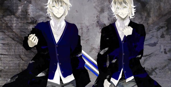 Anime picture 1200x609 with uta no prince-sama a-1 pictures shinomiya natsuki shinomiya satsuki adu looking at viewer fringe short hair blonde hair wide image green eyes light smile multiple boys pale skin open collar hand in pocket twins boy shirt glasses