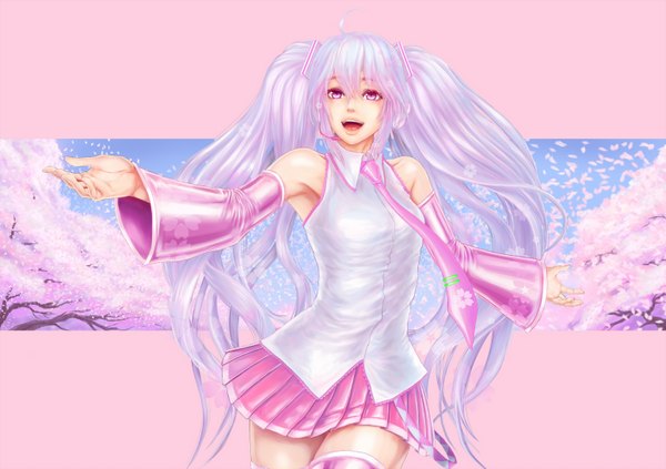 Anime picture 1550x1095 with vocaloid hatsune miku sakura miku nakacha single long hair looking at viewer open mouth twintails bare shoulders sky silver hair pink eyes armpit (armpits) cherry blossoms spread arms girl thighhighs skirt plant (plants)