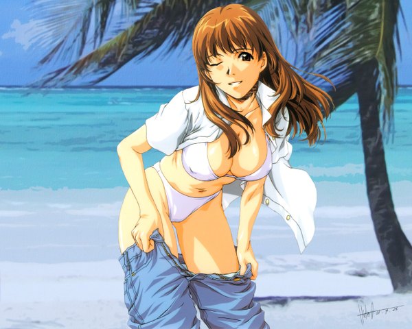 Anime picture 1280x1024 with horibe hiderou light erotic undressing swimsuit bikini white bikini