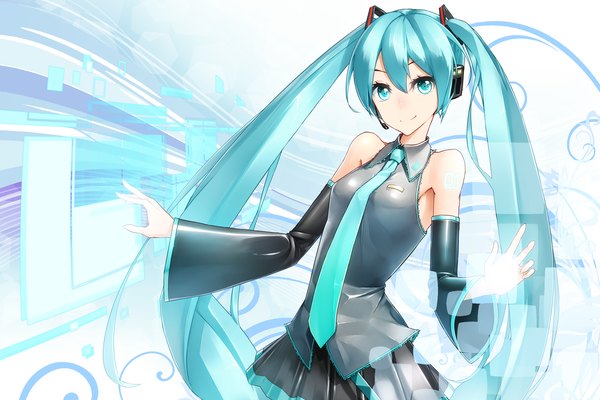 Anime picture 2100x1400 with vocaloid hatsune miku sh single looking at viewer highres twintails bare shoulders very long hair aqua eyes aqua hair girl skirt detached sleeves necktie