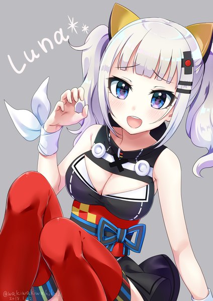 Anime picture 2895x4096 with virtual youtuber the moon studio kaguya luna neki (wakiko) single tall image looking at viewer fringe highres short hair breasts open mouth blue eyes simple background large breasts twintails signed payot cleavage silver hair