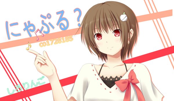 Anime picture 1500x874 with original kure~pu single looking at viewer short hair red eyes brown hair wide image girl hair ornament bow musical note