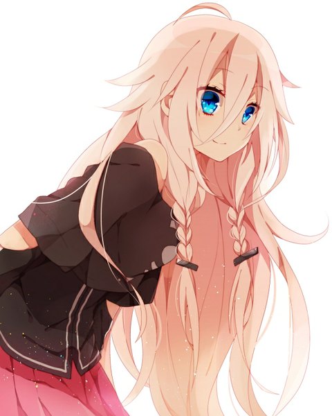 Anime picture 640x800 with vocaloid ia (vocaloid) asagao minoru single long hair tall image looking at viewer blush simple background smile white background bare shoulders pink hair ahoge braid (braids) twin braids hands behind back girl