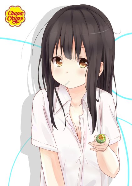 Anime picture 1000x1414 with original saku (kudrove) single long hair tall image blush black hair yellow eyes girl shirt lollipop